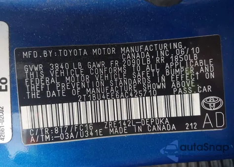 2010 Toyota Corolla Le из США, поврежденный, VIN 2T1BU4EE6AC425710